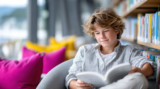 Young student reading a book in school library lounge chair for education background and reading corner design