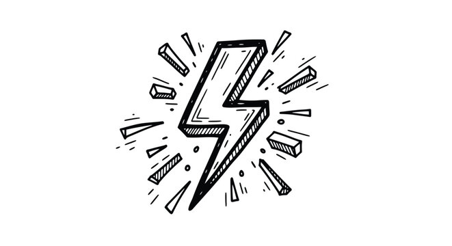 Lightning bolt icon, dynamic comic symbol, black and white illustration, energetic graphic element