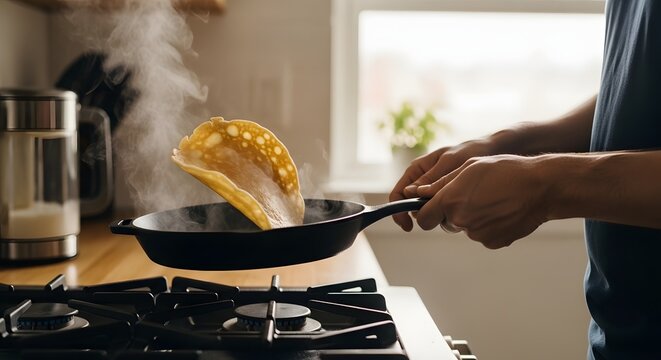 Man flipping golden crepe in skillet over gas stove