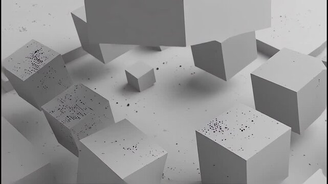 Abstract scene with floating geometric shapes and scattered dark particles