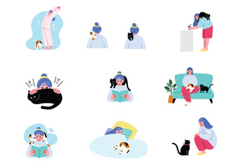 Fototapeta premium 猫と暮らす女性のイラストセット