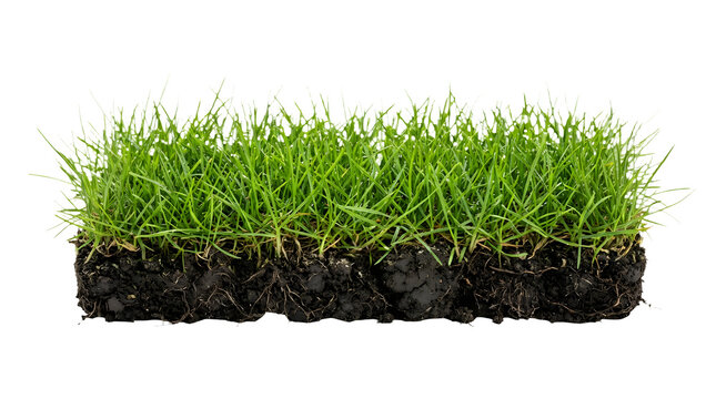 Fresh green grass sod with soil layer, vibrant lawn turf patch on white background, organic garden grass piece with roots and dark earth