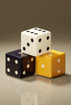 Three stacked Dice, Black Dice with White dots, White Dice with Black dots, Pastel orange Dice with White dots. 3 Dices place on Parchment colored background
