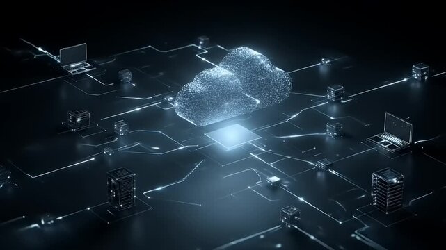 Digital network illustrating data transfer to glowing abstract cloud computing infrastructure