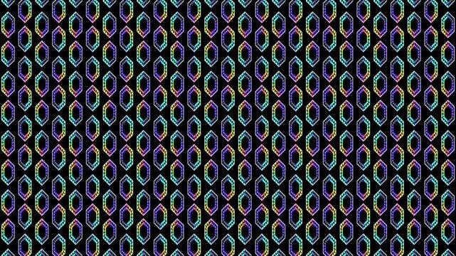 Colorful geometric repeated pattern with hexagonal shapes on black background