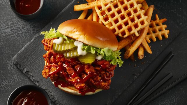 Crispy bbq glazed chicken sandwich with waffle fries and pickles served on a dark slate plate for a gourmet pub style meal experience in professional food photography