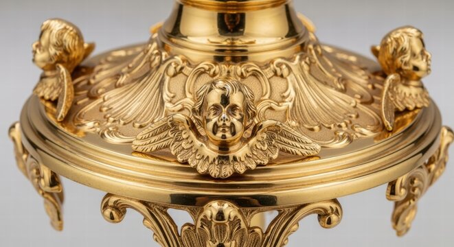 Ornate golden cherubim adorn a decorative religious artifact with intricate carvings
