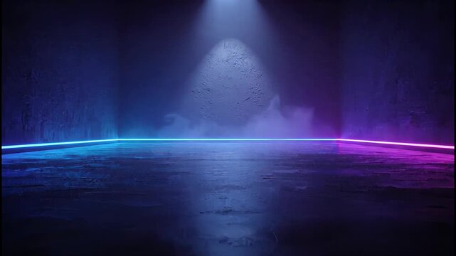 Abstract, dark, cavernous space illuminated by glowing neon lines and a single spotlight