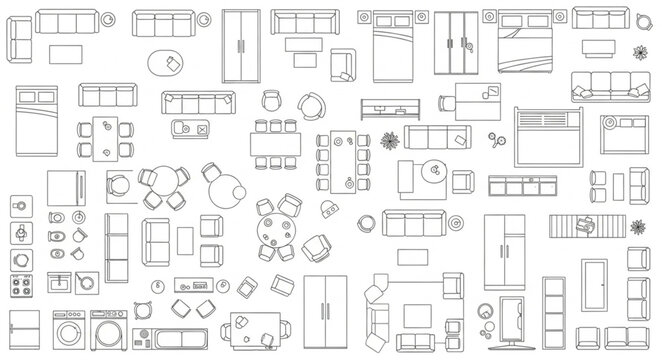 Collection of architectural floor plan symbols for furniture and rooms.