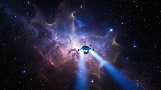 Spaceship flying through a vibrant nebula in deep space, exploring the cosmos with bright blue engine trails.
