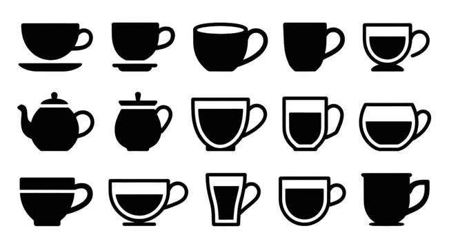Set of black coffee cups and mugs with different styles and shapes on table Vector