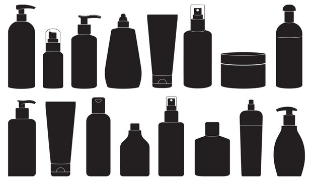 Assorted black silhouette cosmetic containers icon set, skincare beauty products packaging bottles jars tubes vector illustration