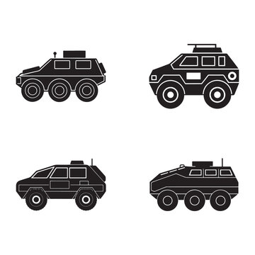 Four black armored vehicles with white outlines in different side views on white background  armored vehicles  military vehicles