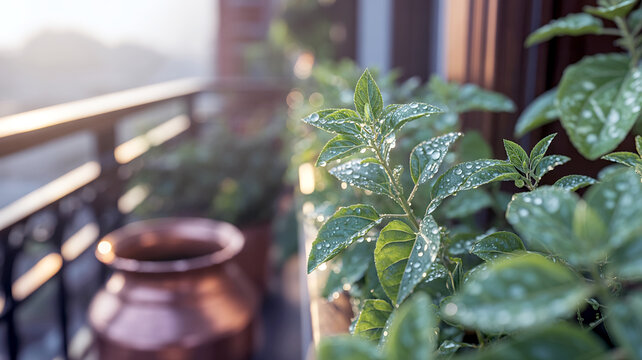 Sacred Tulsi plant with dew drops in morning sunlight with cinematic God rays on balcony,(Urban Oasis Series).