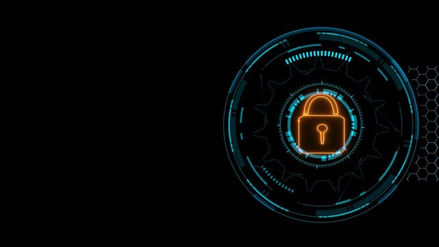Quantum cryptography security technology lock creating hexagon wire animation and change blue color to red to protect data information on the black screen