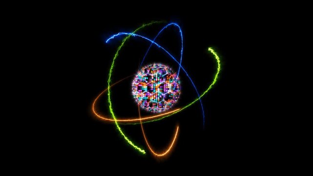 Quantum futuristic computer animation abstract pastel tone light sphere ball and light blue core with atom moving by infinity of orange fire green nature and blue thunder energy