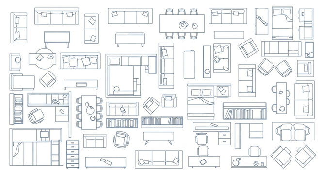 Collection of Hand Drawn Architectural Floor Plans and Furniture Layouts.