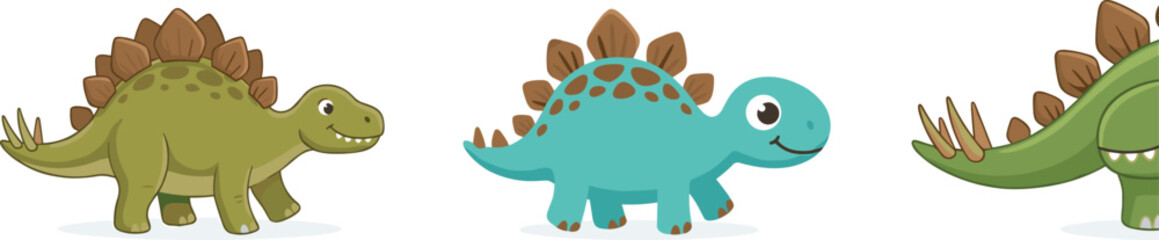  Cute Cartoon Stegosaurus Dinosaur Character Set in Green and Teal Colors with Back Plates for Kids, Prehistoric, and Dino Themed Designs © mdnazrul