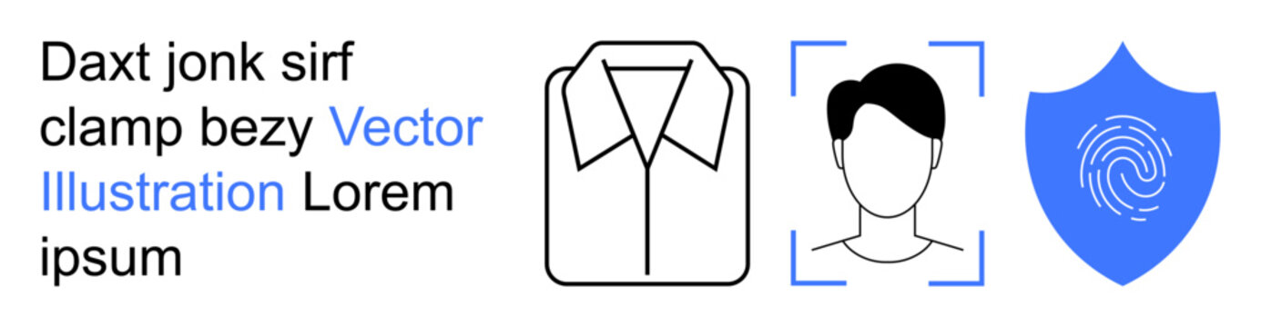 Biometric security, identity verification, authentication systems, access control, cybersecurity, personal identification. a shirt icon, a face scan and a shield with a fingerprint. Biometric