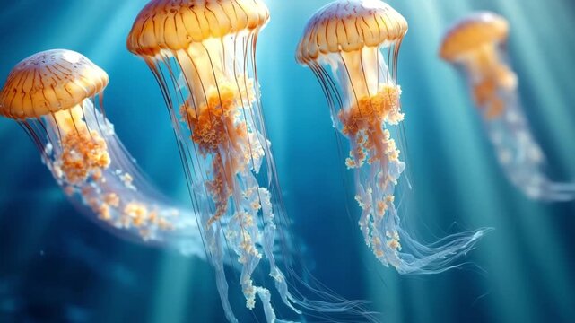 Jellyfish gracefully floating in ocean current, illuminated by natural light rays