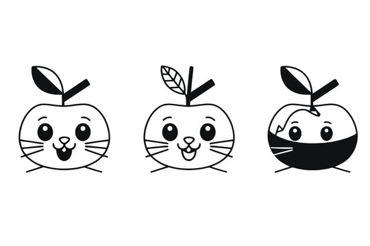 Cute cartoon apple characters with leaves and cat whiskers