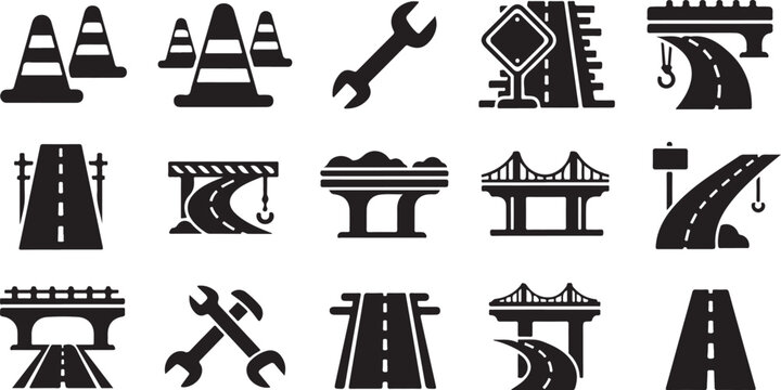 Road construction and maintenance icon set black