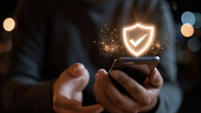 Digital Shield: Protecting Personal Data: A close-up shot of hand holding smartphone with a digital shield icon overlay.