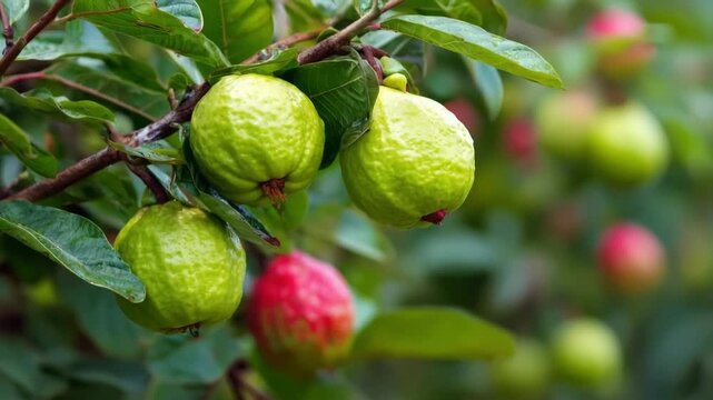 Green and red guavas hanging on a tree branch, showing natural growth