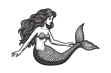 Obraz premium Beautiful mermaid engraving illustration. Vintage retro engraving illustration. Black icon, isolated element