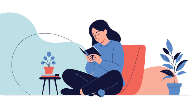 Quiet moment of a young woman sitting comfortably on the floor and reading a book in a cozy corner of her home.