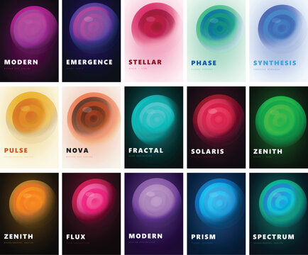 Modern abstract gradient spheres, a vibrant collection of 15 colorful digital art backgrounds. Emergence, Stellar, Phase, Synthesis, Pulse, Nova, Fractal, Solaris, Zenith, Flux, Prism, Spectrum