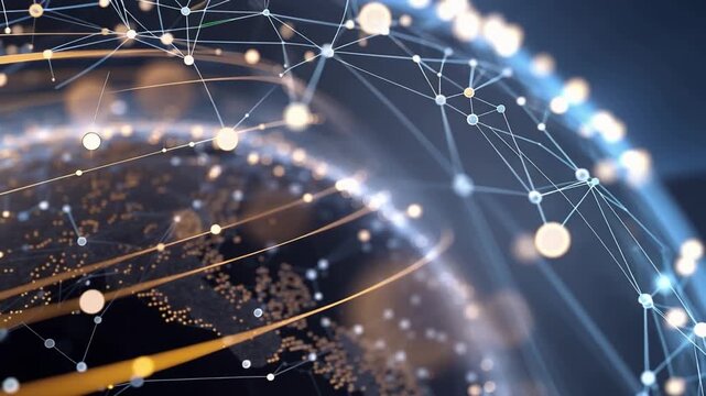 Digital Globalization: An abstract depiction of the interconnected world, with a network of nodes and lines overlaid on a globe, representing global data transfer and technological advancements. 