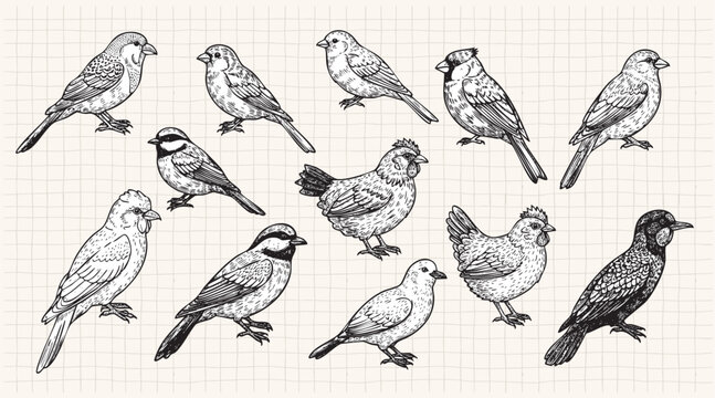 Birds hand drawn illustration in vintage style