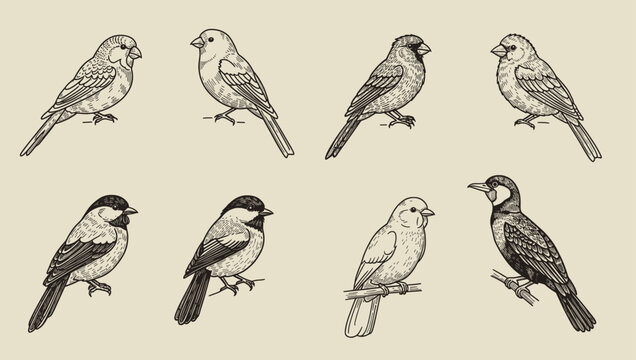 Set birds, great tit, goldfinch, robin, bullfinch, realistic sketch, hand drawn vector