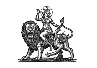 A detailed black and white illustration of a crowned goddess riding a mane lion, wielding a weapon, while a demon-like figure trails behind holding a torch. © bow