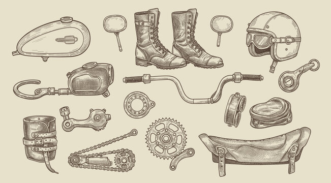 A detailed sketch of various motorcycle parts laid out on a beige background with a vintage feel, including boots helmet chains gears belts and a seat.