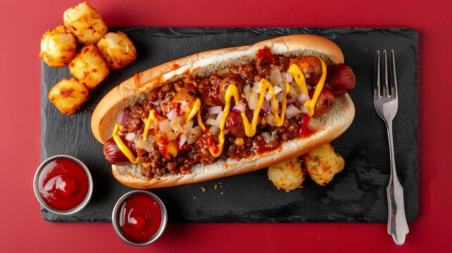 Gourmet chili hot dog with mustard and diced onions served with crispy golden tater tots and tomato ketchup on a rustic slate board against a vibrant red background