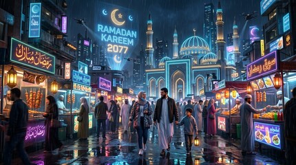Fototapeta premium Ramadan Kareem City Nighttime Street Scene.