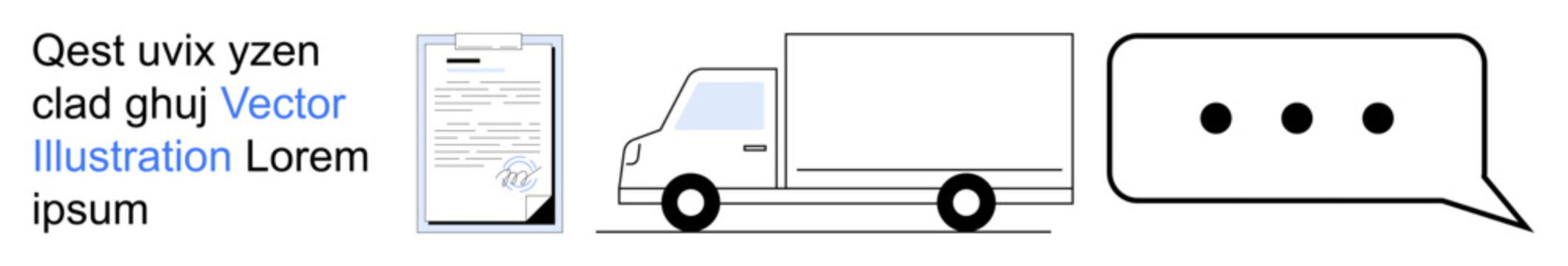 Logistics, delivery services, communication, shipping, documentation, business strategy. A document, truck and speech bubble convey of transport and interaction. Logistics and delivery services