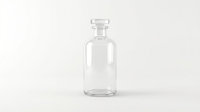 Empty clear glass bottle with a glass stopper, minimalist design, elegant transparent container, 3d render illustration on a subtle light background