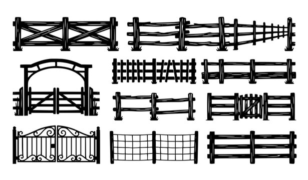 Rustic Farm Fence Silhouette Vector Icons for Ranch and Countryside Design Projects
