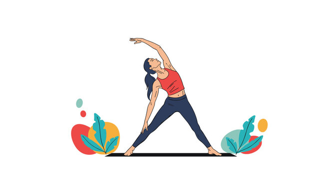 Fit young woman performing the triangle yoga pose on a black mat surrounded by colorful abstract leaves and shapes.