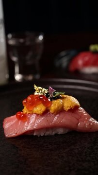 Luxury Nigiri Sushi with Uni and Salmon Roe Cinematic Close Up
