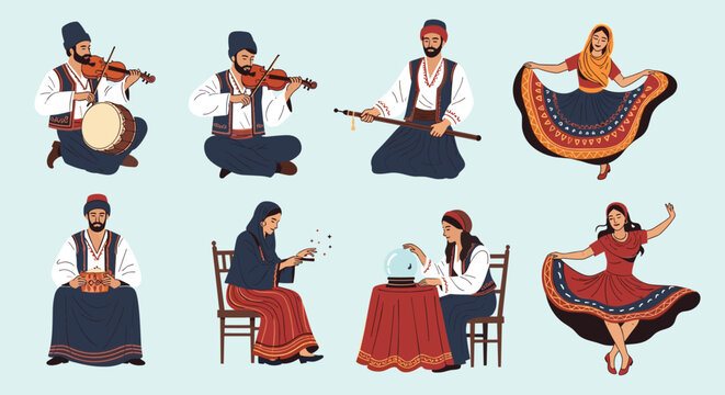 Collection of musicians and dancers in traditional balkan ethnic clothing playing instruments like violin and drum.
