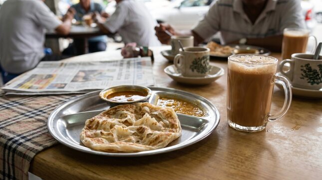 Authentic malaysian breakfast of roti canai, dhal, curry, and frothy teh tarik, with a newspaper on a wooden table at a casual eatery