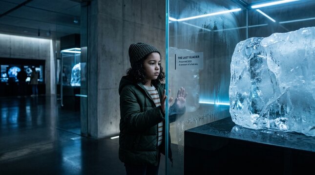 Woman viewing large ice sculpture exhibit.