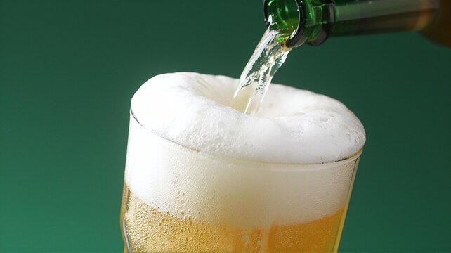 Beer pouring into glass on green background.