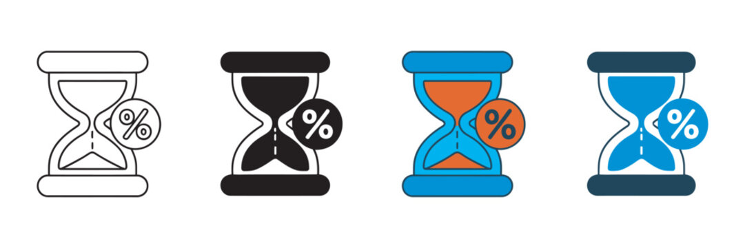 Hourglass percent discount icon set, promotional offer countdown timer seasonal sale urgency and limited time deal concept vector design