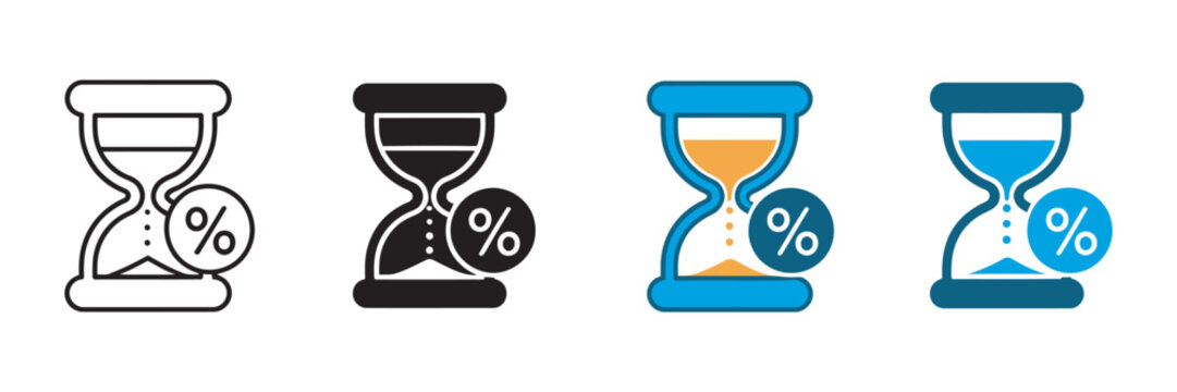 Hourglass with percent symbol icon set, limited time discount promotional offer countdown seasonal sale waiting time deals vector illustration