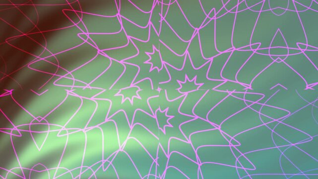 Abstract chaotic pink mandala overlay lines on green gradient background ideal for modern designs, artistic projects, backgrounds, cover art, and vibrant themes.